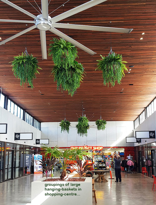 Lush green & dazzling lights- huge artificial hanging-baskets in shopping centre