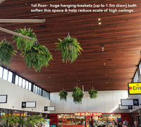 Lush green & dazzling lights- huge artificial hanging-baskets in shopping centre