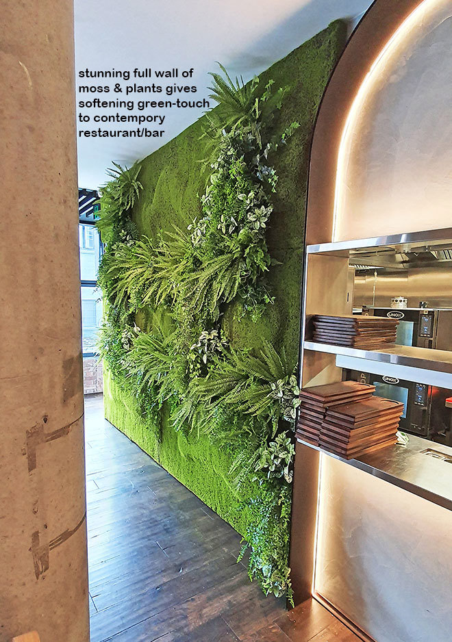 Mossy plant-wall gives softening 'green-touch' to modern restaurant/bar...