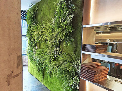 Mossy plant-wall gives softening 'green-touch' to modern restaurant/bar...