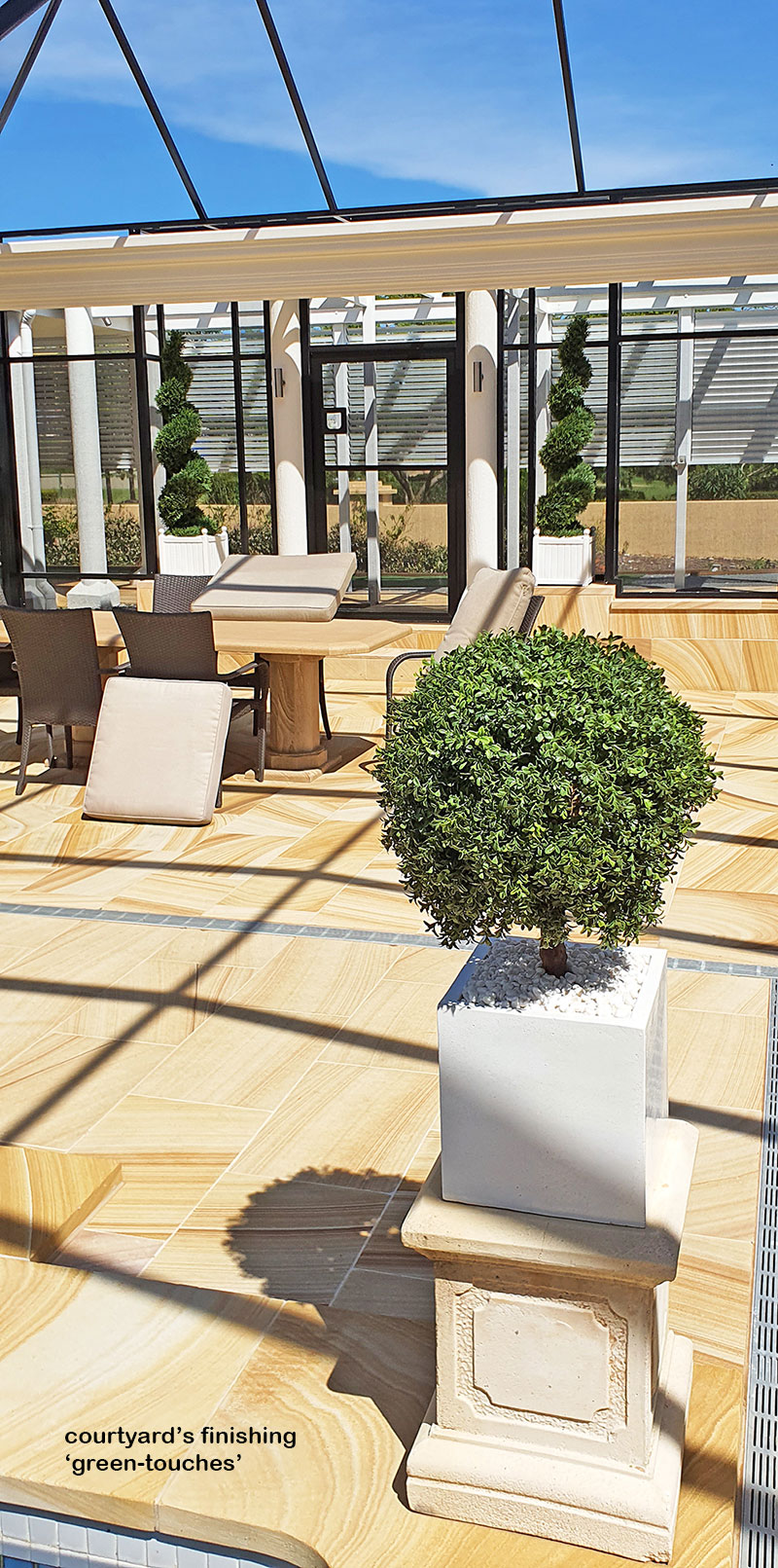 Formal Topiary & Palms finish-off magnificent covered pool courtyard...