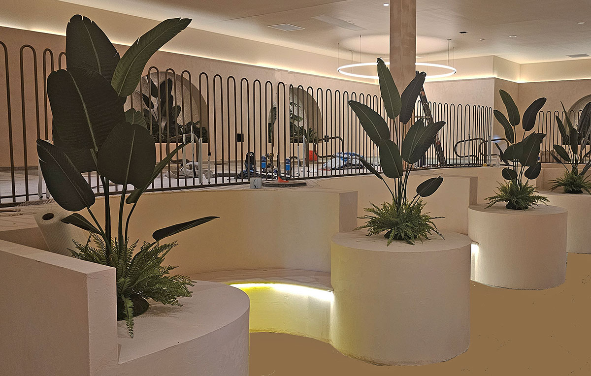 chic Table Planters with palms & ferns in spa