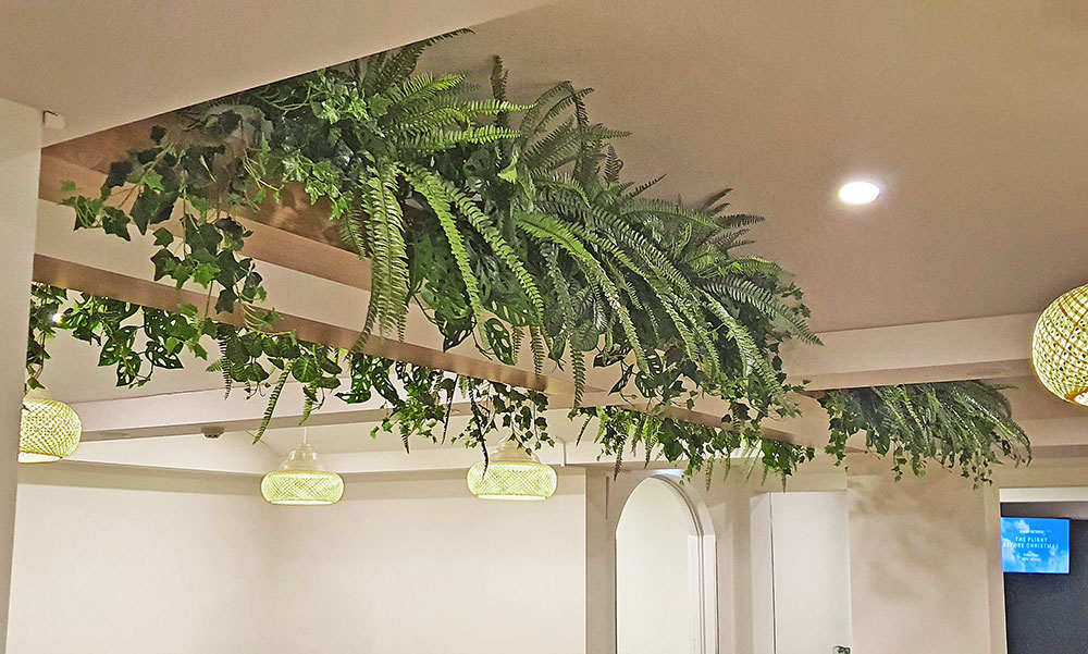 greenery softens ceilings in dining room